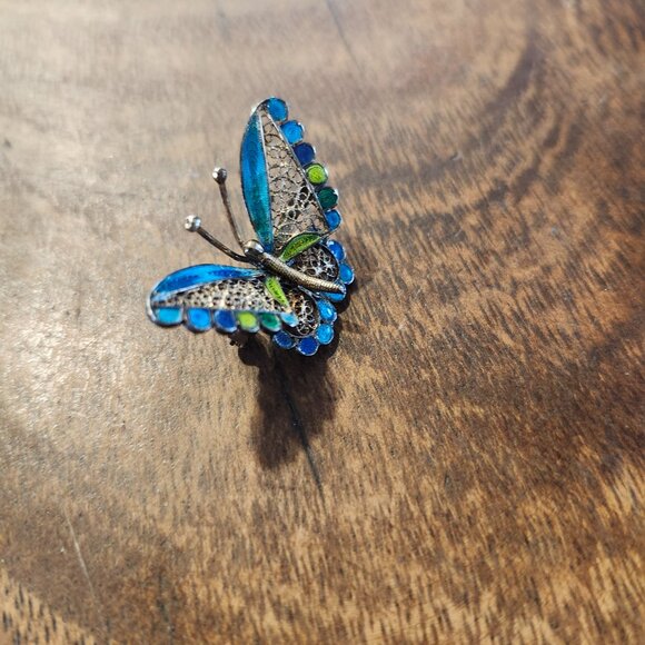 antique silver butterfly brooch,  filligre/ emanel. - Picture 4 of 5